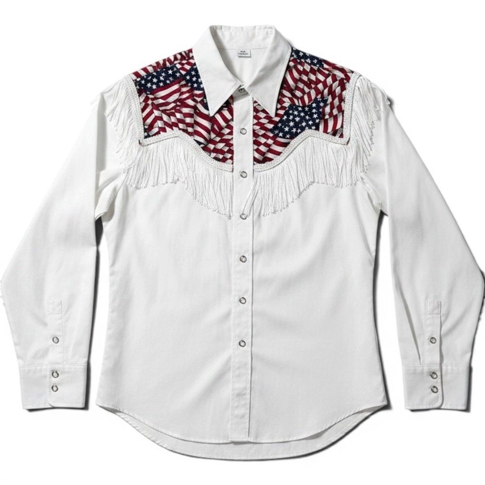 Shirt Womens Large White Western Snap Fringe American Flag Cowgirl Rodeo